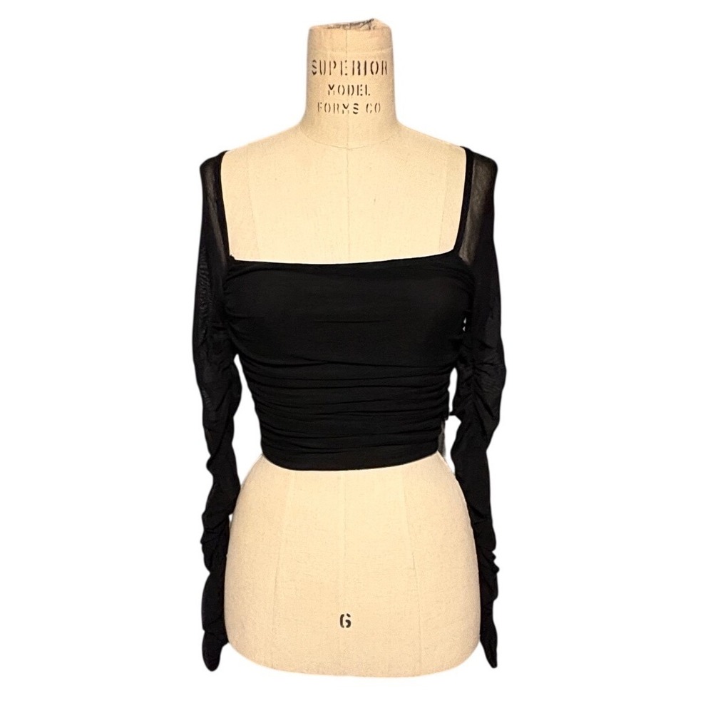 Black Ruched Mesh Square Neck Long Sleeve Crop Top Size Small Grunge Party Goth